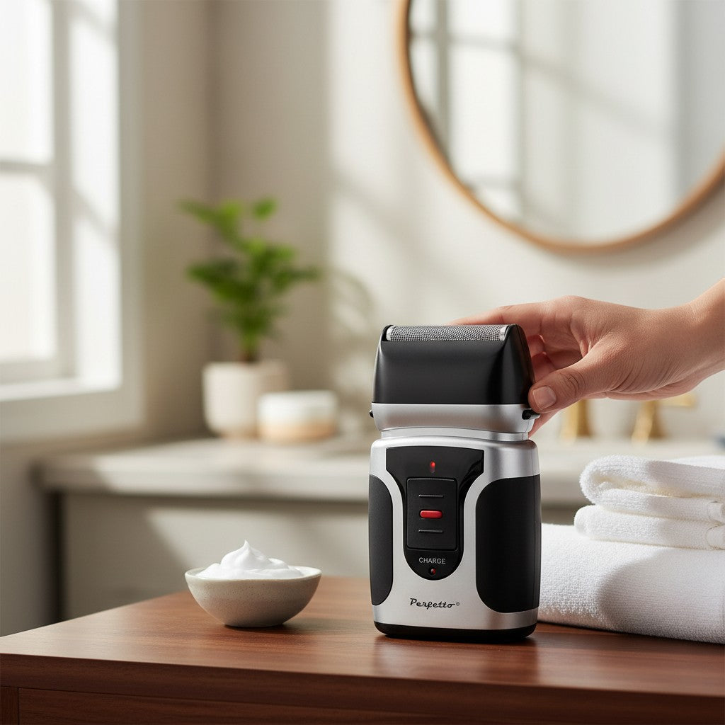 Maranatha Insumos Profesionales Perfetto electric shaver with black and silver finish, red indicator light, and charging port.
