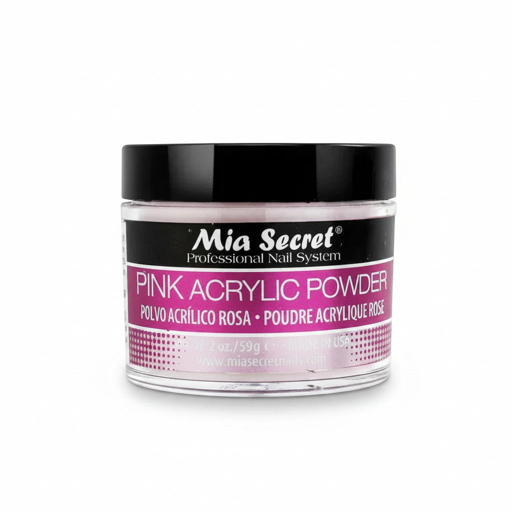 Maranatha Insumos Profesionales Mia Secret Pink Acrylic Powder, translucent pink shade, 60g jar. Professional nail system for durable, non-yellowing enhancements.