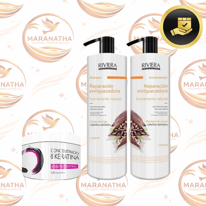 Shampoo Sin Sal Riviera Cabellos Dañados 1 litro Acondicionador Sin Sal Riviera 1 Litro Keratina Riviera 350 ml