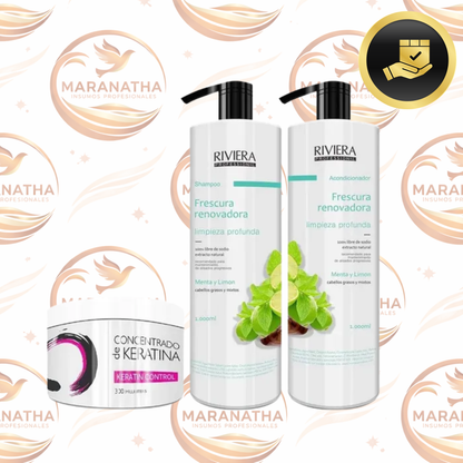 Shampoo Sin Sal Riviera Cabellos Grasos 1 litro + Acondicionador Sin Sal Riviera Cabellos Grasos 1 Litro + Keratina Riviera 350ml