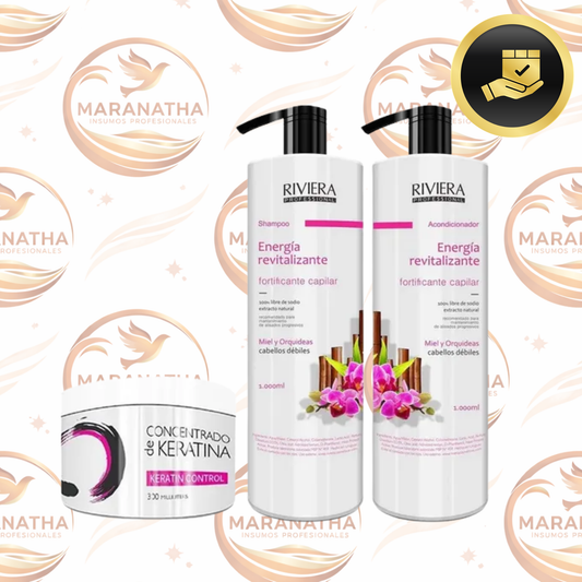 Shampoo Sin Sal Riviera Miel y Orquídeas Para Cabellos Débiles 1L + Acondicionador Sin Sal 1L + Keratina Riviera Ka 350gr