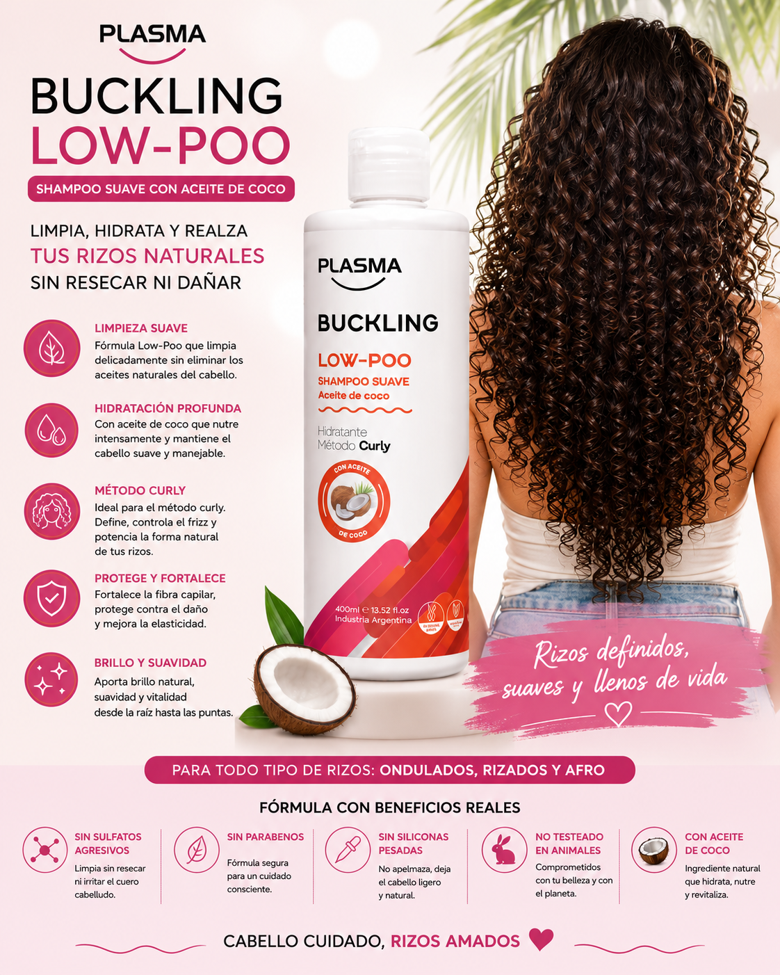 Shampoo Rulos Buckling Low Poo  400ml Suave Aceite De Coco