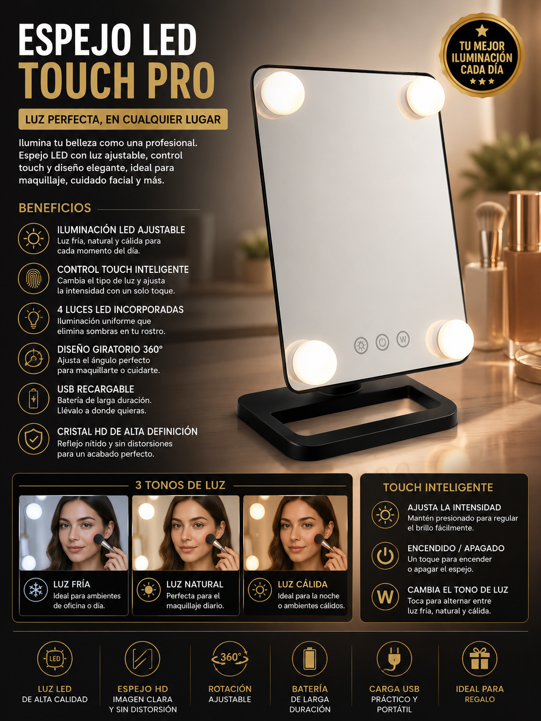 Espejo Maquillaje Con Luz Tactil Giratorio Con 4 Luces