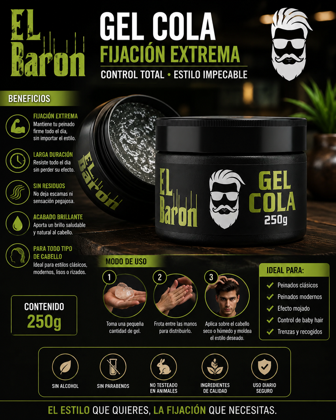 Pack X 3 Cera Gel Cola El Baron Profesional Negro