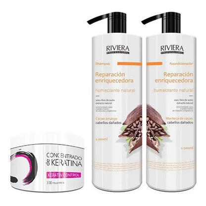 Shampoo Sin Sal Riviera Cabellos Dañados 1 litro Acondicionador Sin Sal Riviera 1 Litro Keratina Riviera 350 ml