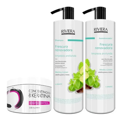 Shampoo Sin Sal Riviera Cabellos Grasos 1 litro + Acondicionador Sin Sal Riviera Cabellos Grasos 1 Litro + Keratina Riviera 350ml