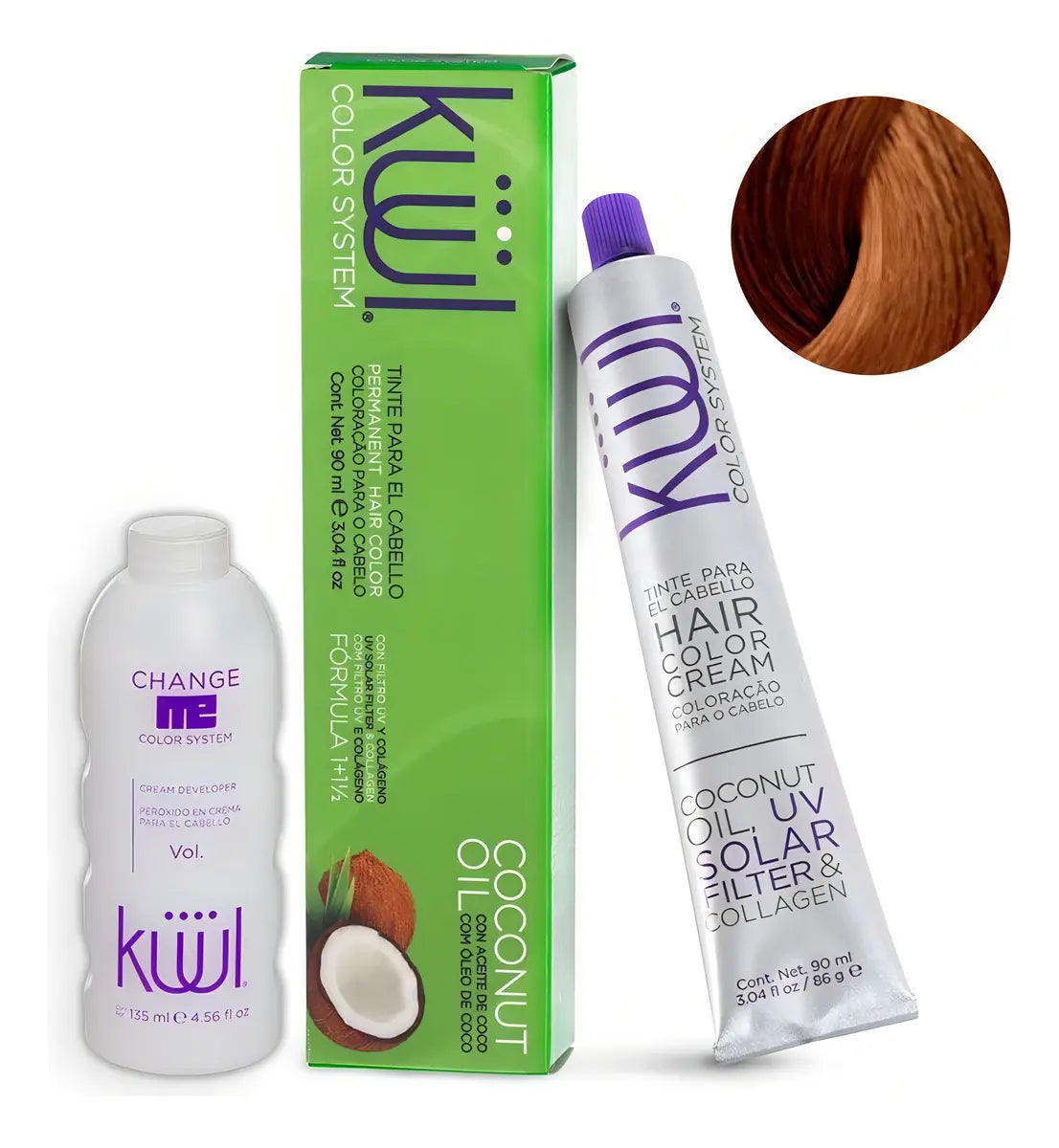Tinta Kuul N°7.44 Con Aceite De Coco + Oxidante Activador Tono 7.44