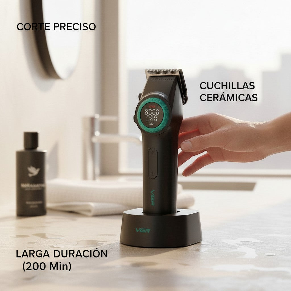 Cortadora de pelo VGR V-001 negra, inalámbrica y recargable, con pantalla digital y base de carga. Ideal para uso profesional y personal.