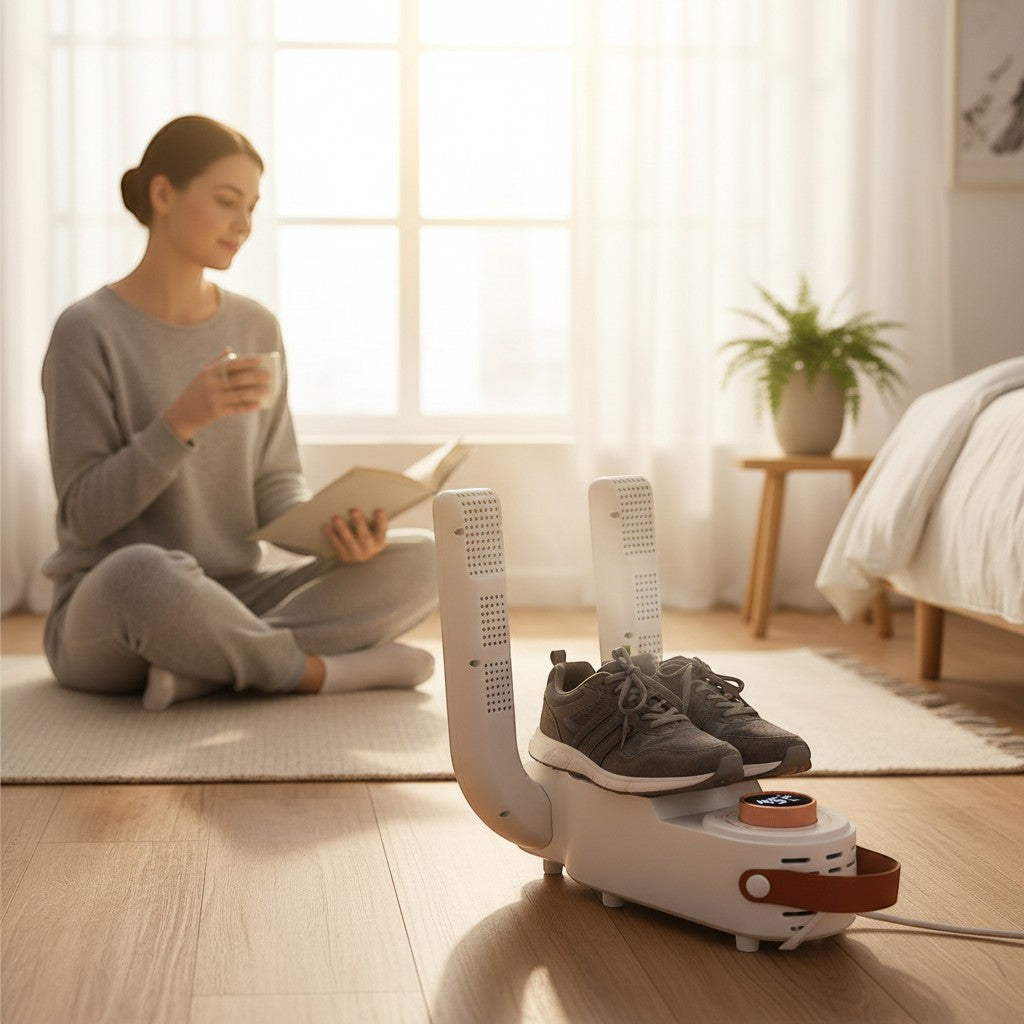 Maranatha Insumos Profesionales electric shoe dryer with grey sneakers drying. Woman reading in background.