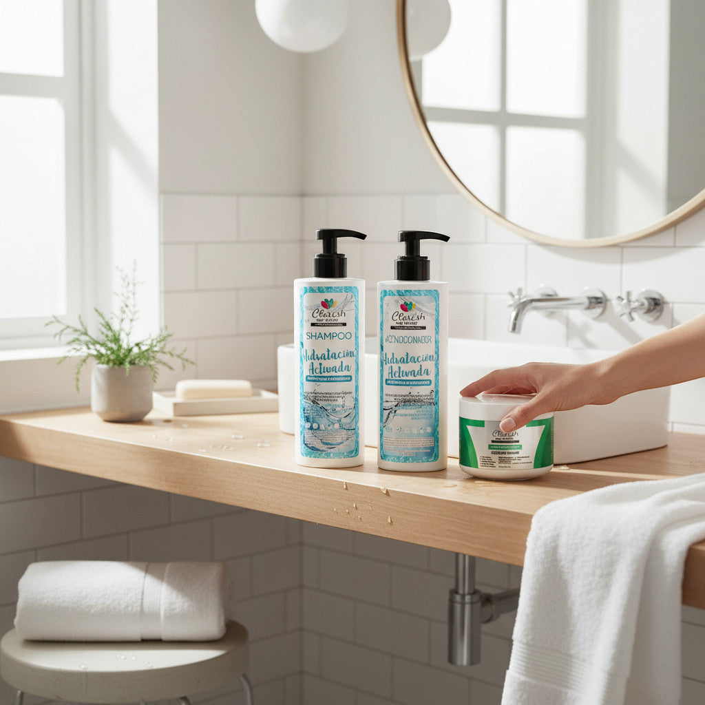 Maranatha Insumos Profesionales shampoo and conditioner bottles with a jar of hair treatment on a bathroom counter.