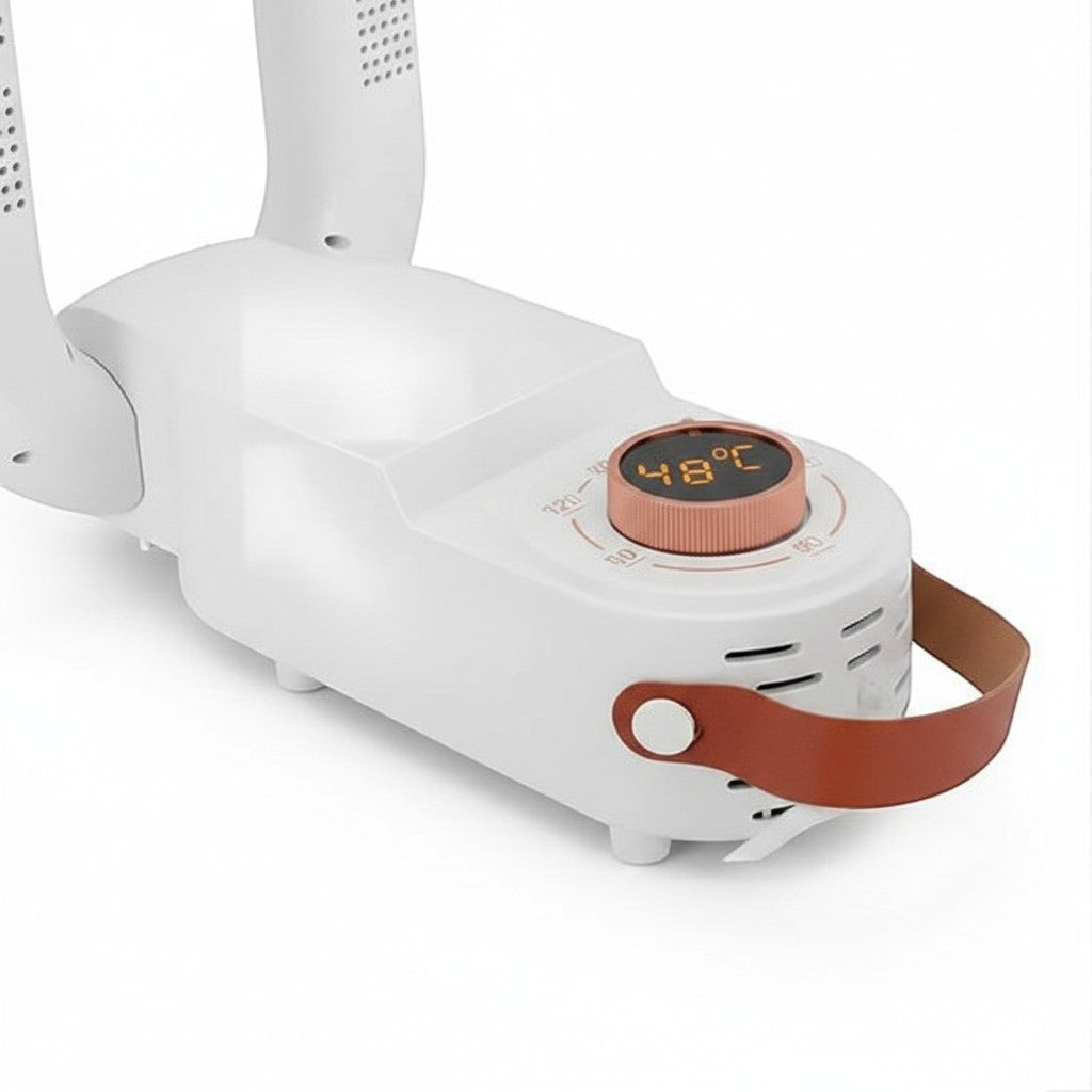 Maranatha Insumos Profesionales white electric shoe dryer with digital display showing 48°C and a brown leather handle.