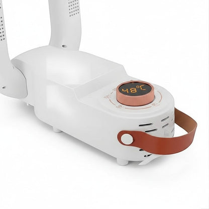 Maranatha Insumos Profesionales white electric shoe dryer with digital display showing 48°C and a brown leather handle.