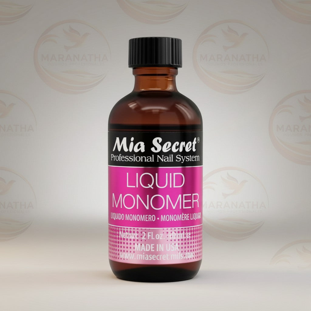 Monomero líquido Mia Secret de 59ml en envase ámbar con tapa negra. Ideal para uñas acrílicas.