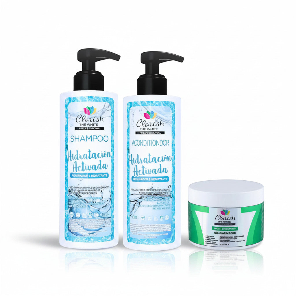 Maranatha Insumos Profesionales Clarish The White Professional shampoo, conditioner, and hair mask set for hydration and smoothing.