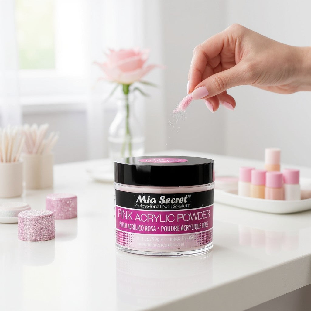 Maranatha Insumos Profesionales Mia Secret pink acrylic powder, translucent rose tone, 60g jar. Professional nail system for encapsulation and effects.