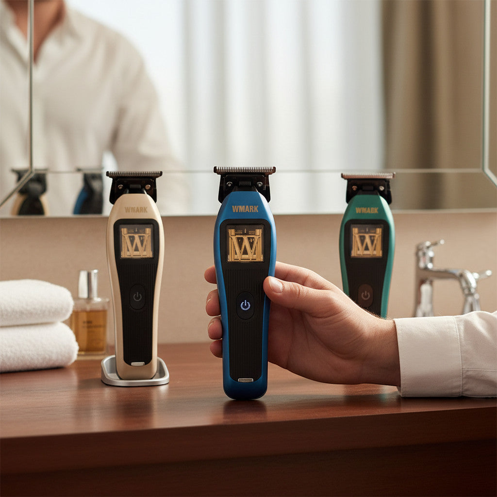Maranatha Insumos Profesionales Wmark professional trimmer in blue, beige, and green. Features digital display and power button.
