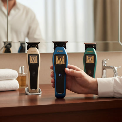Maranatha Insumos Profesionales Wmark professional trimmer in blue, beige, and green. Features digital display and power button.